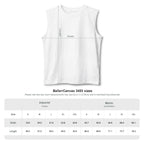 White sleeveless shirt with measurement chart on a white background