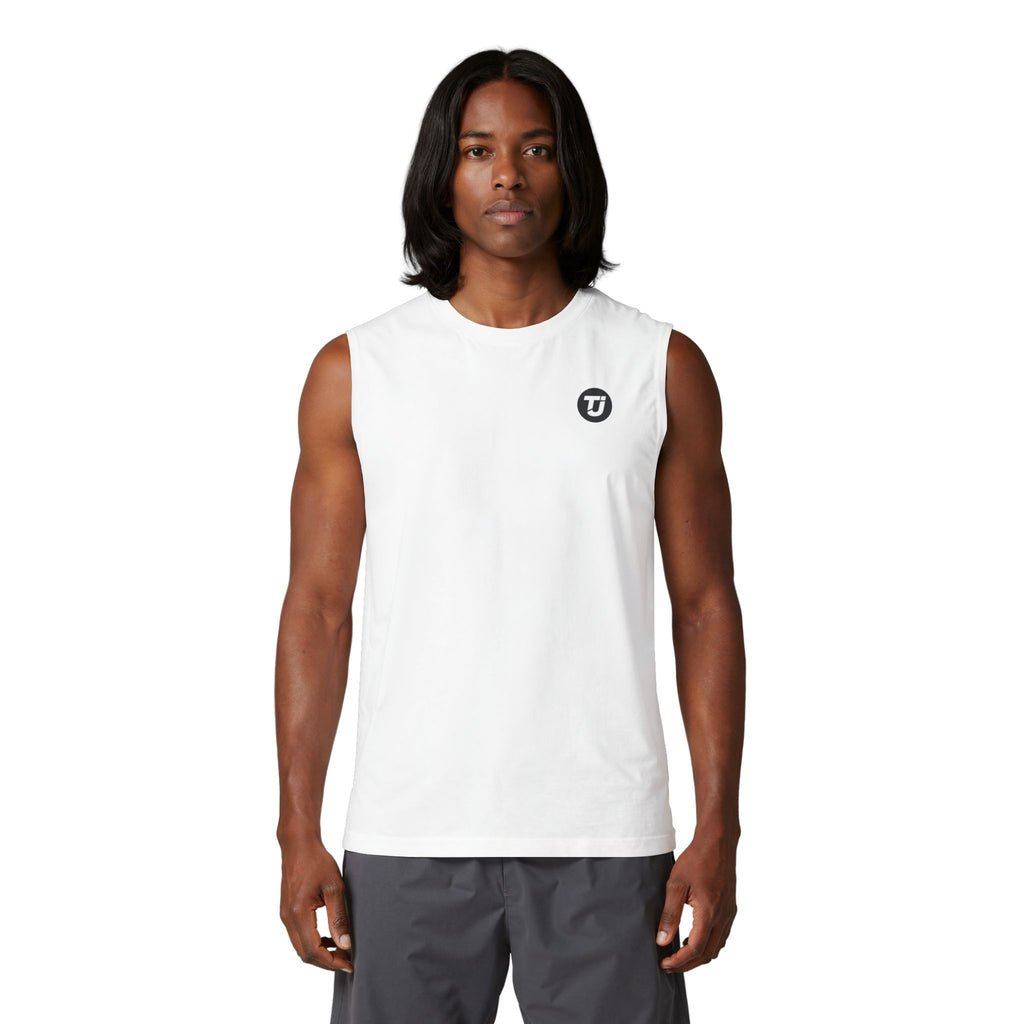 Man wearing a white sleeveless shirt with a logo on a white background