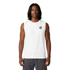 Man wearing a white sleeveless shirt with a logo on a white background