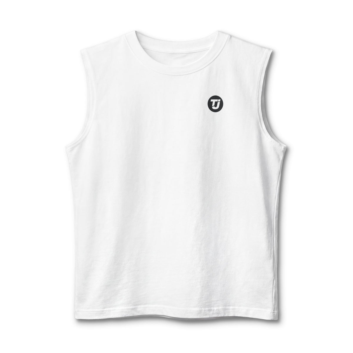 A white sleeveless crop top with a small black circular logo on the left chest, displayed on a clean white background.
